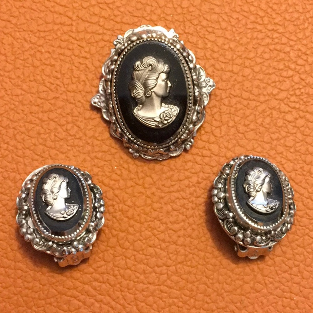Whiting and Davis Cameo Brooch and Earrings